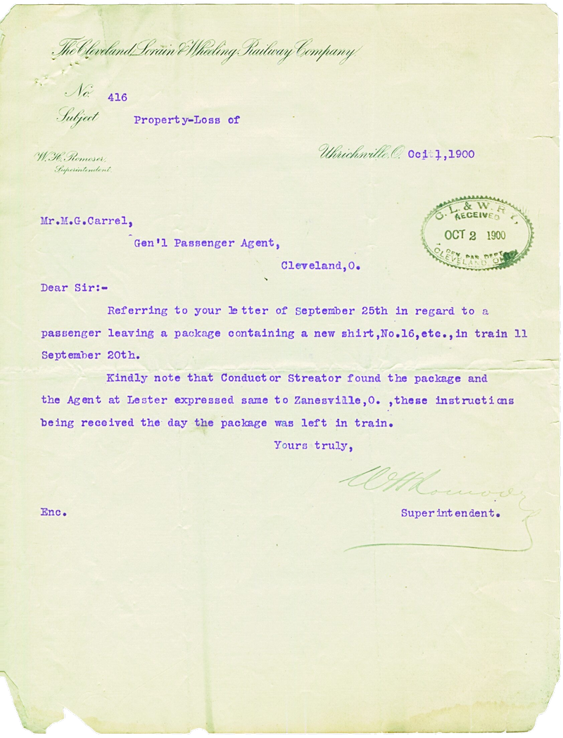 Letter from W. H. Romoser, Superintendent of the Cleveland, Lorain and Wheeling Railway Company, October 1, 1900